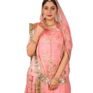 Peach Bamber Satin Aari Sequins Work Poshak Set (Unstitched) | Pure Georgette Odhna | Jaipurio Ethnic Wear